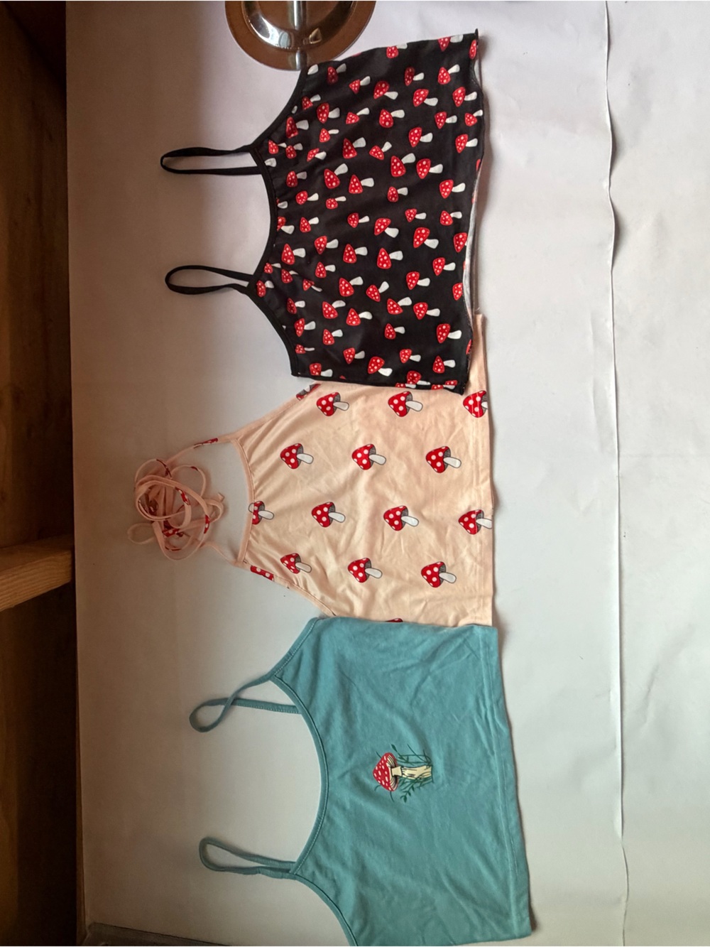 Mushroom Print Cropped Tank Trio - Blue, pink , Black